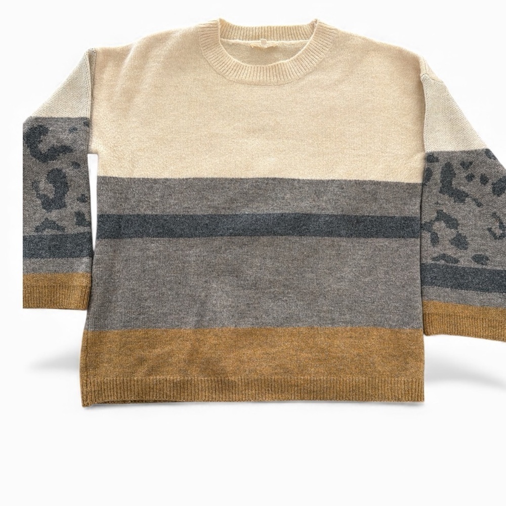 Mystree Colorblock Crewneck Sweater Size Large Leopard Print Sleeves Brown/Gray - Picture 5 of 5